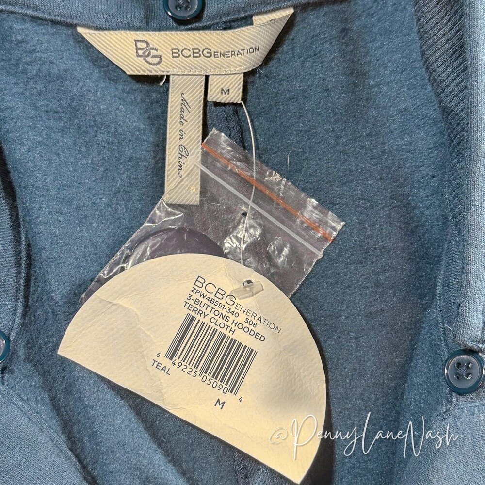 NWT BCBGeneration 3 Buttons Hooded Terry Cloth Coat Teal - Picture 7 of 13